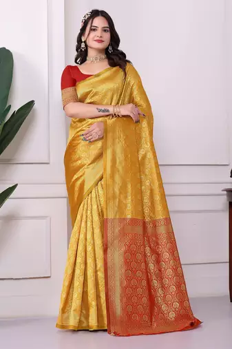yellow color art silk fabric woven designer traditional rich saree