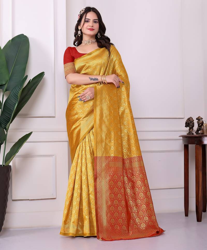 yellow color art silk fabric woven designer traditional rich saree