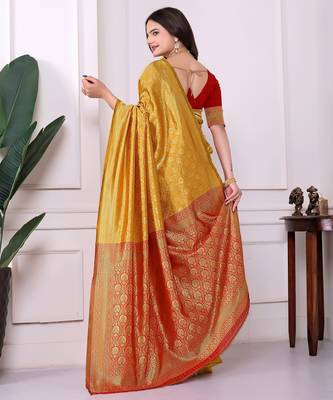 yellow art silk blend woven traditional rich saree 2