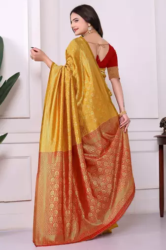 yellow art silk blend woven traditional rich saree