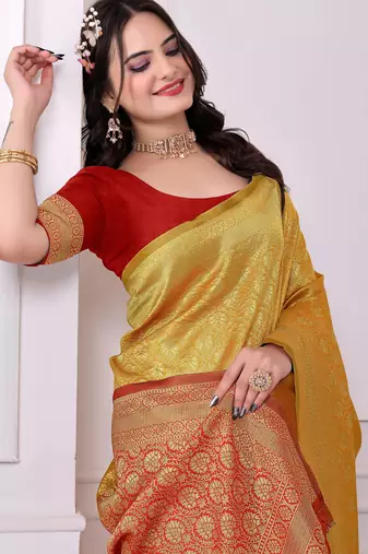 yellow art silk blend woven traditional rich saree