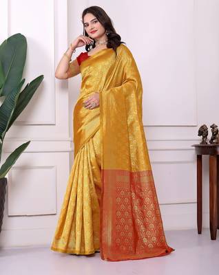 yellow art silk blend woven traditional rich saree 4