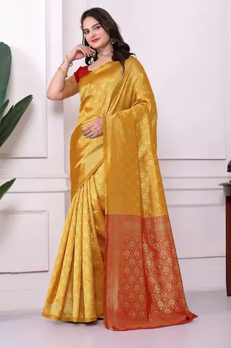 yellow art silk blend woven traditional rich saree
