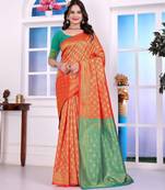 rust color art silk fabric woven designer traditional rich saree