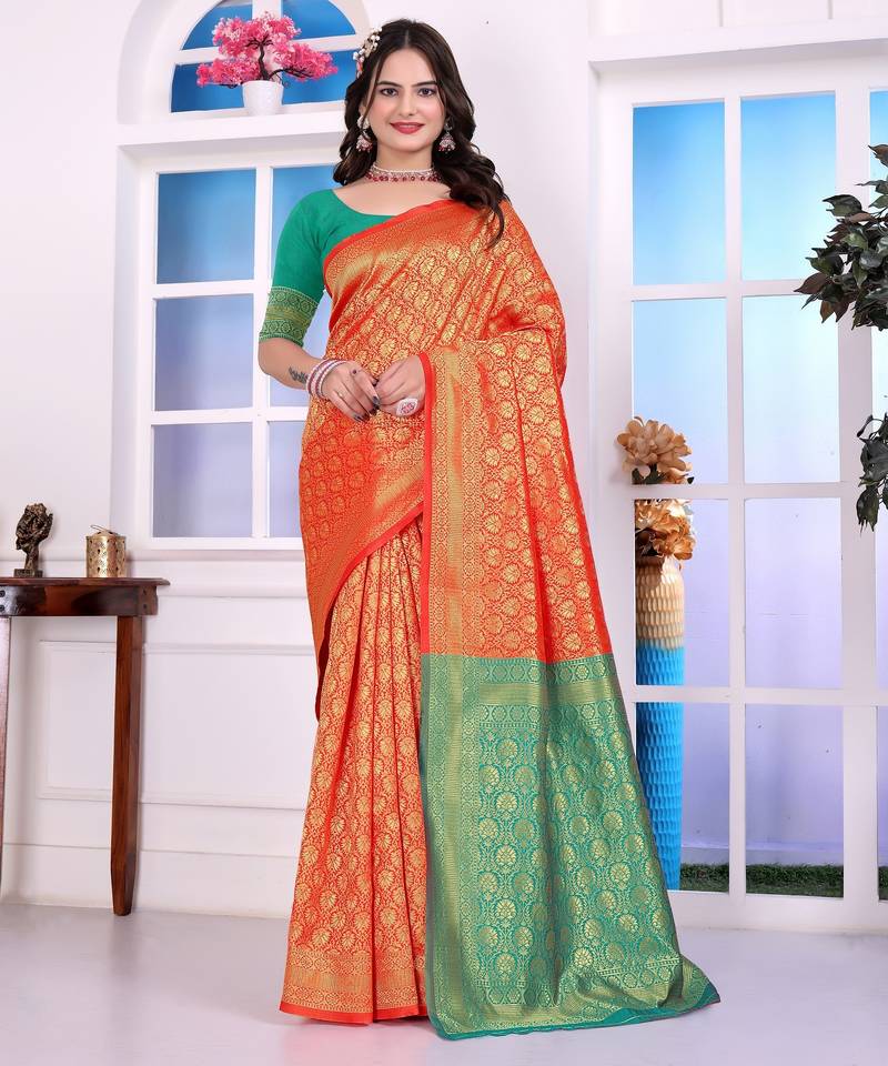 rust color art silk fabric woven designer traditional rich saree