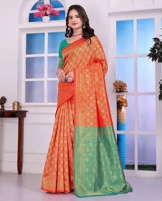rust art silk blend woven traditional rich saree 4