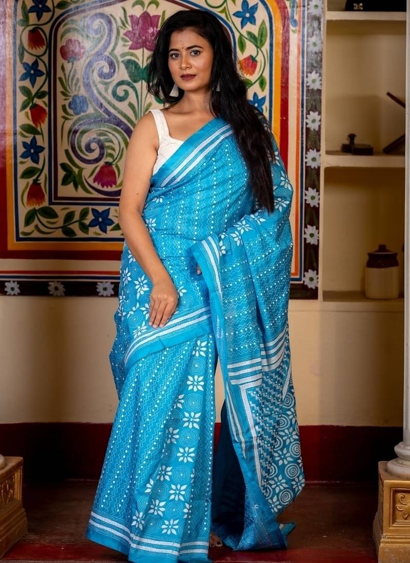 blue woven faux silk blend blend kantha work all seasons sarees