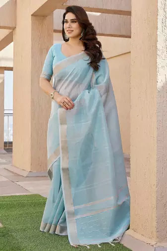 firozi color tissue linen art silk fabric weaving jari lining designer saree