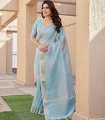 firozi color tissue linen art silk fabric weaving jari lining designer saree