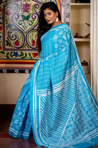 blue woven faux silk blend blend kantha work all seasons sarees