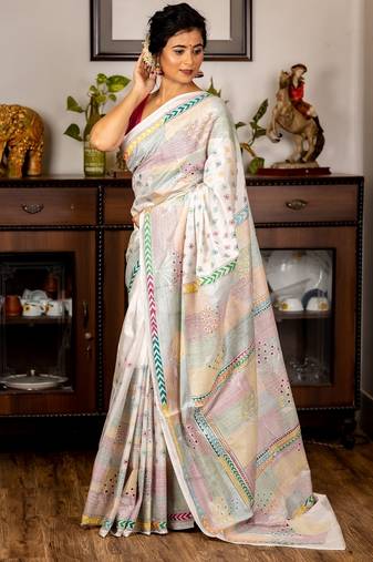 white woven faux silk blend blend kantha work all seasons sarees