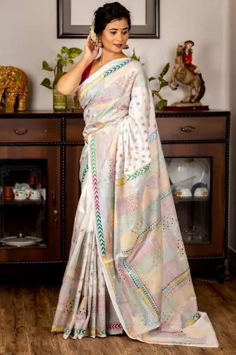 white woven faux silk blend blend kantha work all seasons sarees