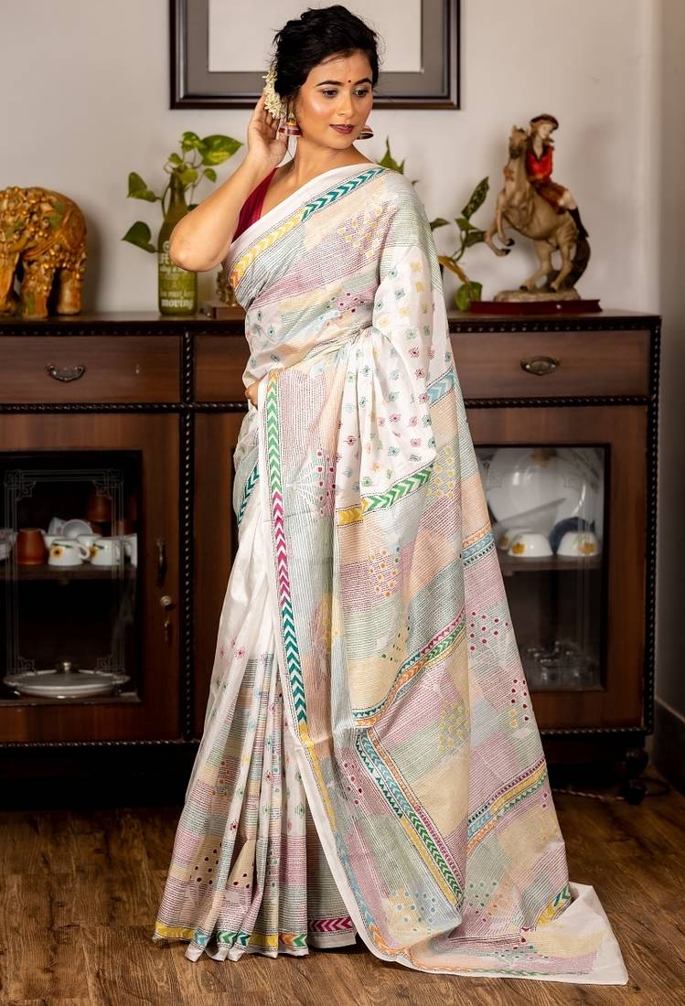 white woven faux silk blend blend kantha work all seasons sarees