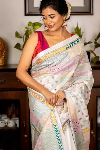 white woven faux silk blend blend kantha work all seasons sarees