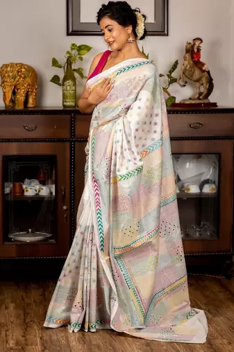 white woven faux silk blend blend kantha work all seasons sarees
