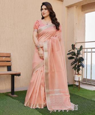 peach tissue linen art silk blend weaving zari lining saree 1