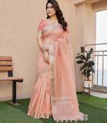 peach color tissue linen art silk fabric weaving jari lining designer saree