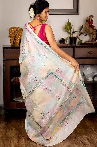 white woven faux silk blend blend kantha work all seasons sarees