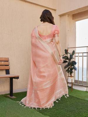 peach tissue linen art silk blend weaving zari lining saree 2