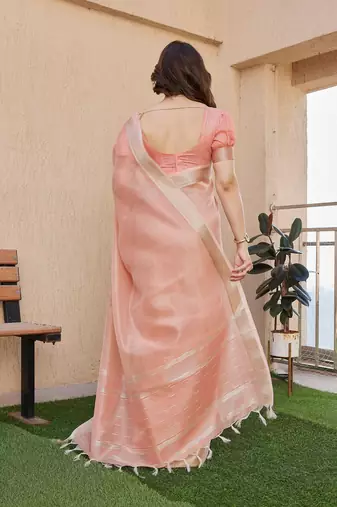 peach tissue linen art silk blend weaving zari lining saree