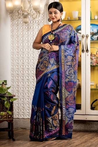 blue woven faux silk blend blend kantha work all seasons sarees