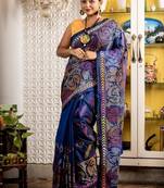 blue woven faux silk blend blend kantha work all seasons sarees