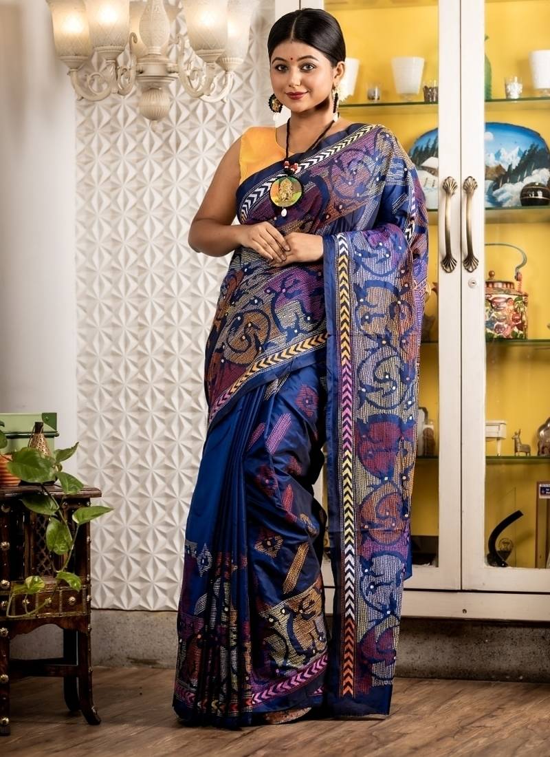 blue woven faux silk blend blend kantha work all seasons sarees
