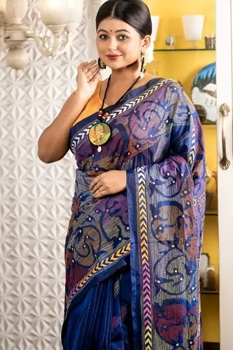 blue woven faux silk blend blend kantha work all seasons sarees
