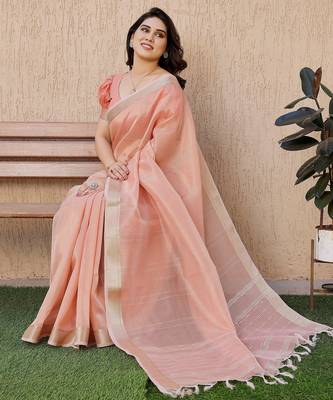 peach tissue linen art silk blend weaving zari lining saree 4