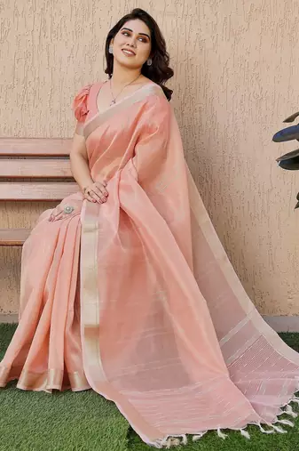 peach tissue linen art silk blend weaving zari lining saree