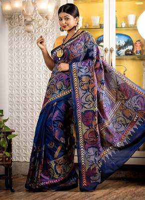 blue woven faux silk blend blend kantha work all seasons sarees 3