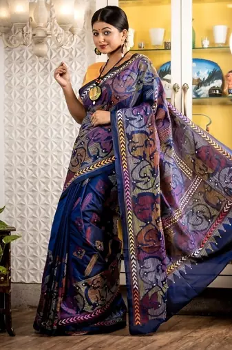 blue woven faux silk blend blend kantha work all seasons sarees