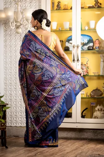 blue woven faux silk blend blend kantha work all seasons sarees