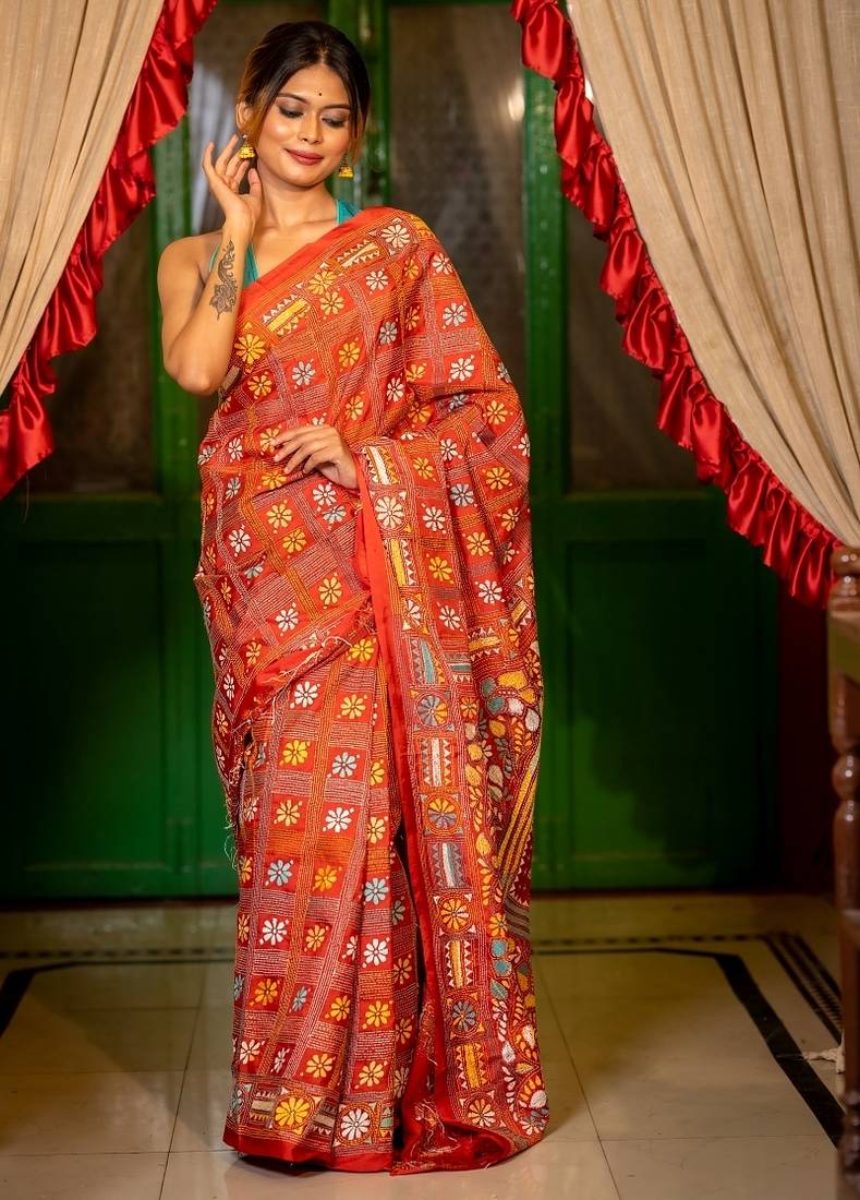 red woven faux silk blend blend kantha work all seasons sarees