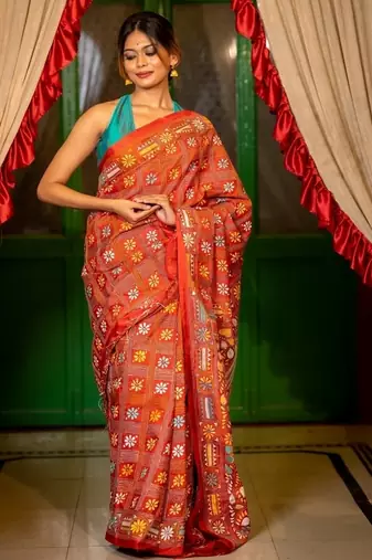 red woven faux silk blend blend kantha work all seasons sarees