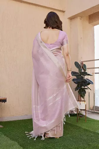purple tissue linen art silk blend weaving zari lining saree