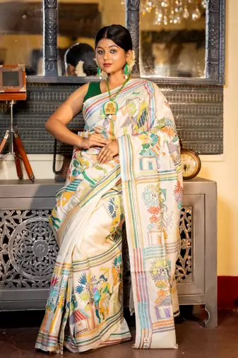 off white hand woven tussar kantha work all seasons sarees