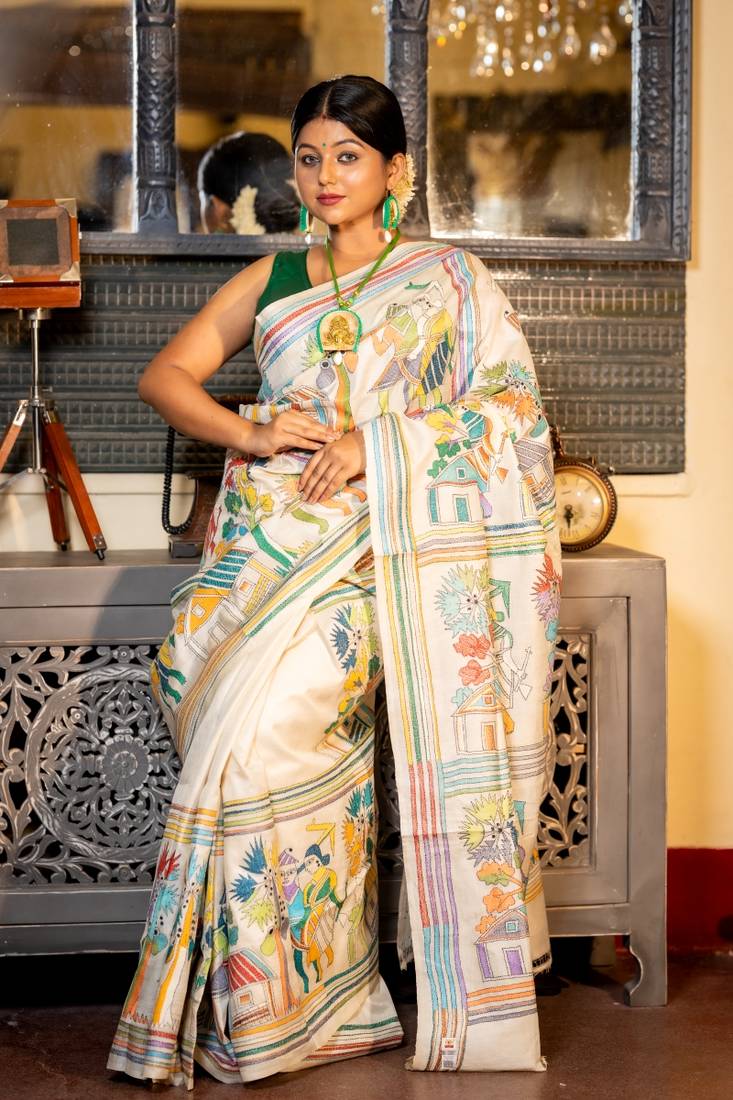 off white hand woven tussar kantha work all seasons sarees