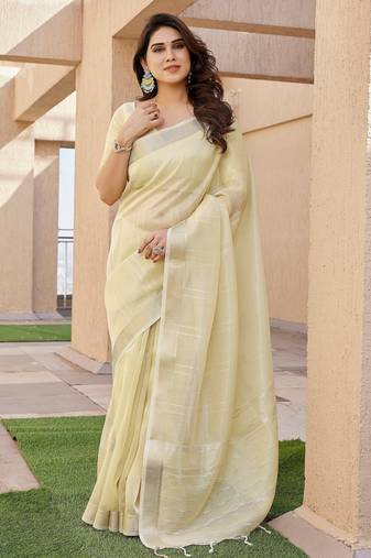 yellow color tissue linen art silk fabric weaving jari lining designer saree