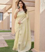 yellow color tissue linen art silk fabric weaving jari lining designer saree