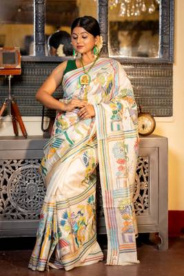off white hand woven tussar kantha work all seasons sarees 2