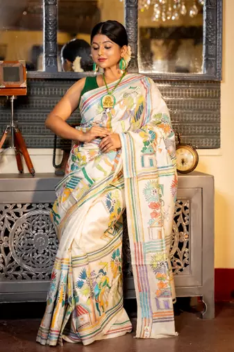 off white hand woven tussar kantha work all seasons sarees