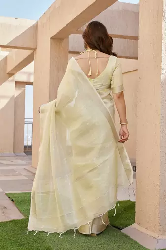 yellow tissue linen art silk blend weaving zari lining saree