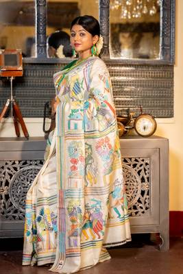 off white hand woven tussar kantha work all seasons sarees 3
