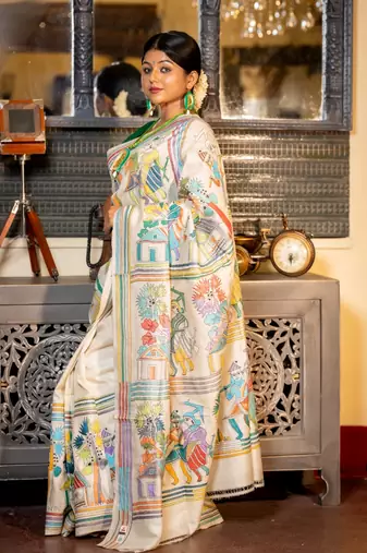 off white hand woven tussar kantha work all seasons sarees