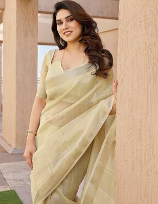 yellow tissue linen art silk blend weaving zari lining saree 4