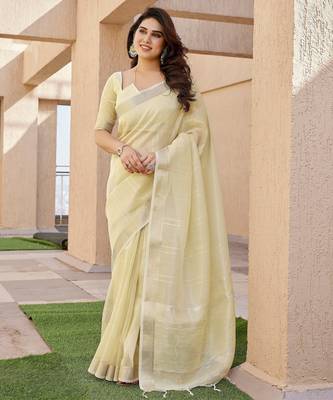 yellow tissue linen art silk blend weaving zari lining saree 5