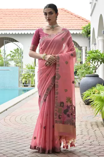 pink color chanderi cotton fabric weaving reshan flower designer ethnic saree