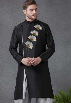 Black embroidered dupion silk kurta 1