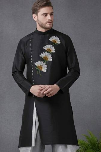 Black embroidered dupion silk kurta